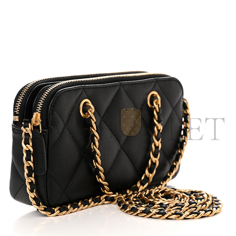 CHANEL MASTER CAVIAR QUILTED TOP HANDLE PHONE HOLDER WITH CHAIN BLACK AP3495 (18*11*4cm)